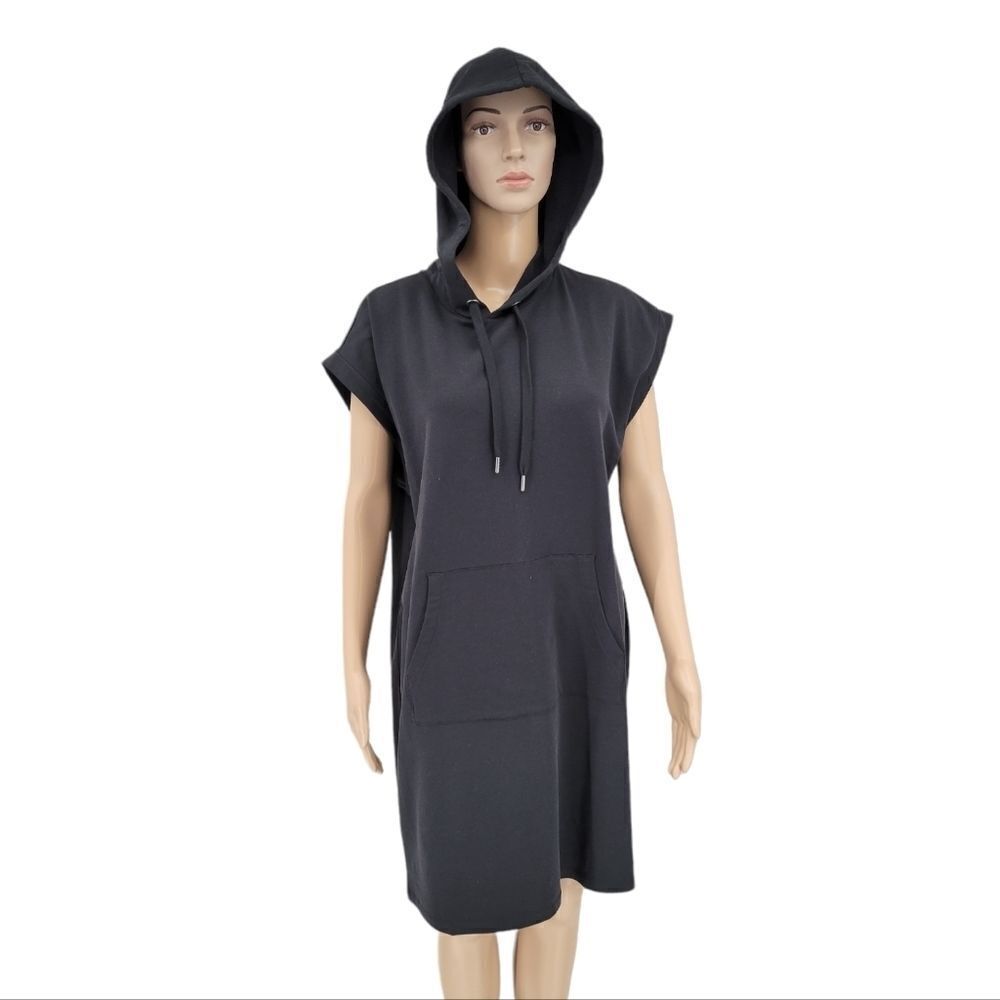 Garnet Hill Hooded French Terry Dress, Black Women's Small